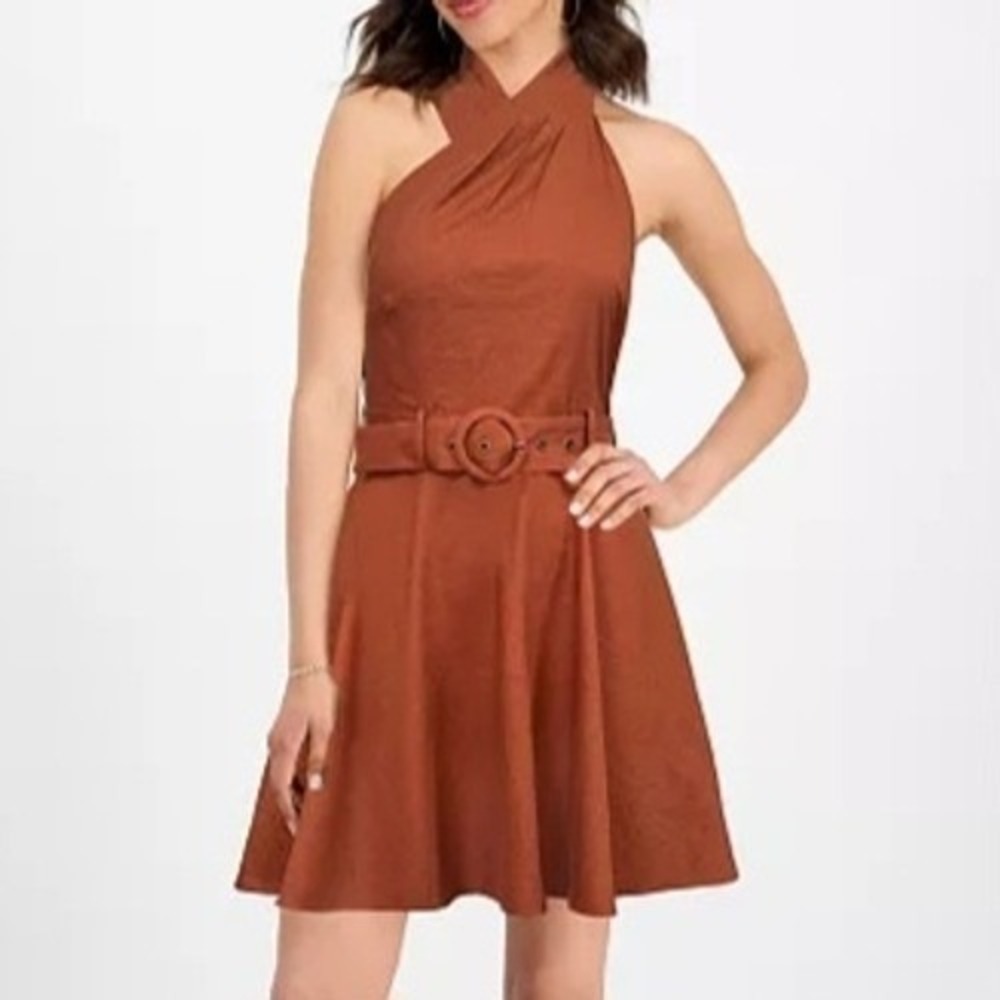 Rachel Roy Joanna Mini Belted A Line Rust Halter Neck Dress Womens Size 4 NWT